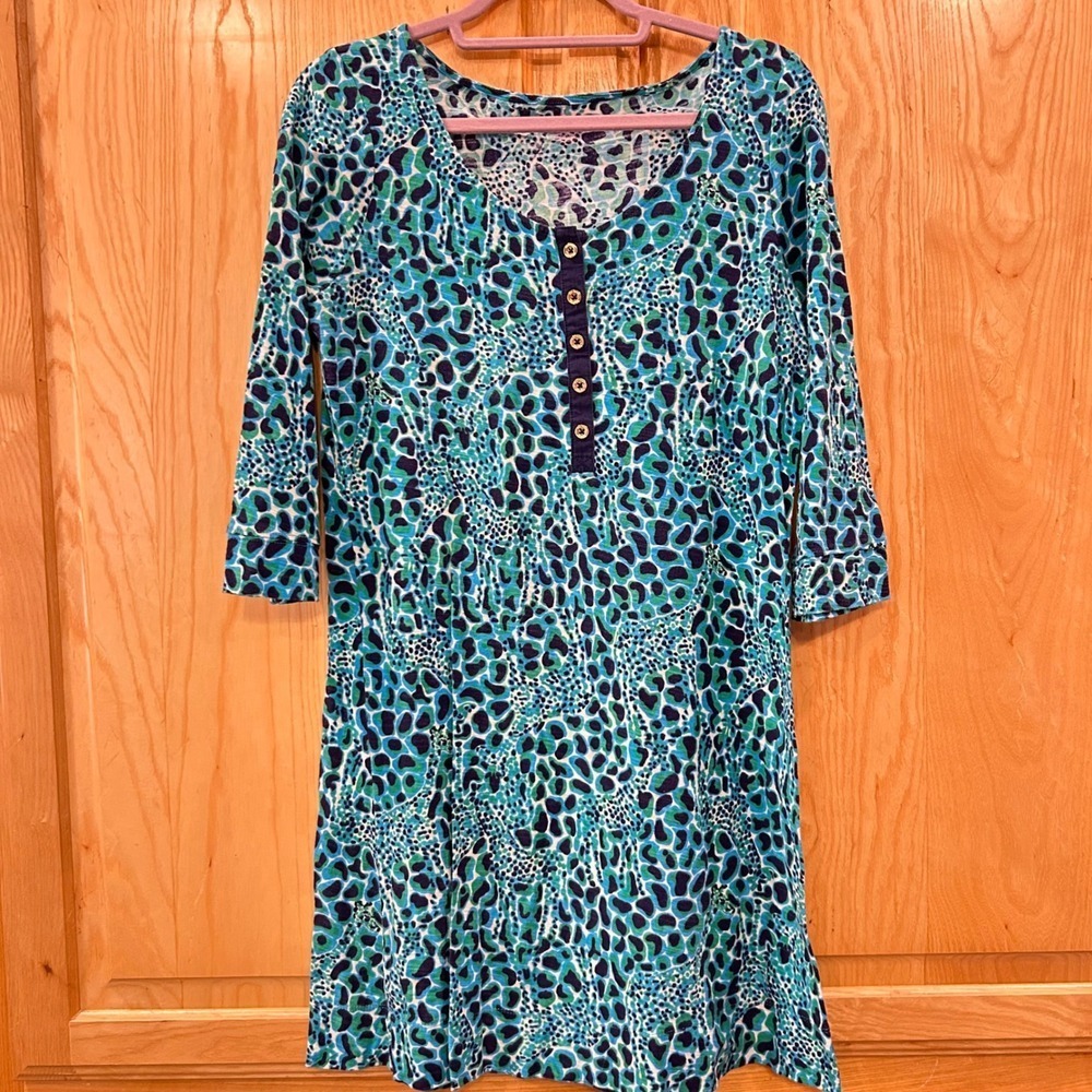 Lilly Pulitzer Dress Blue Green Animal Print 3/4 Sleeve Cotton - Picture 2 of 8